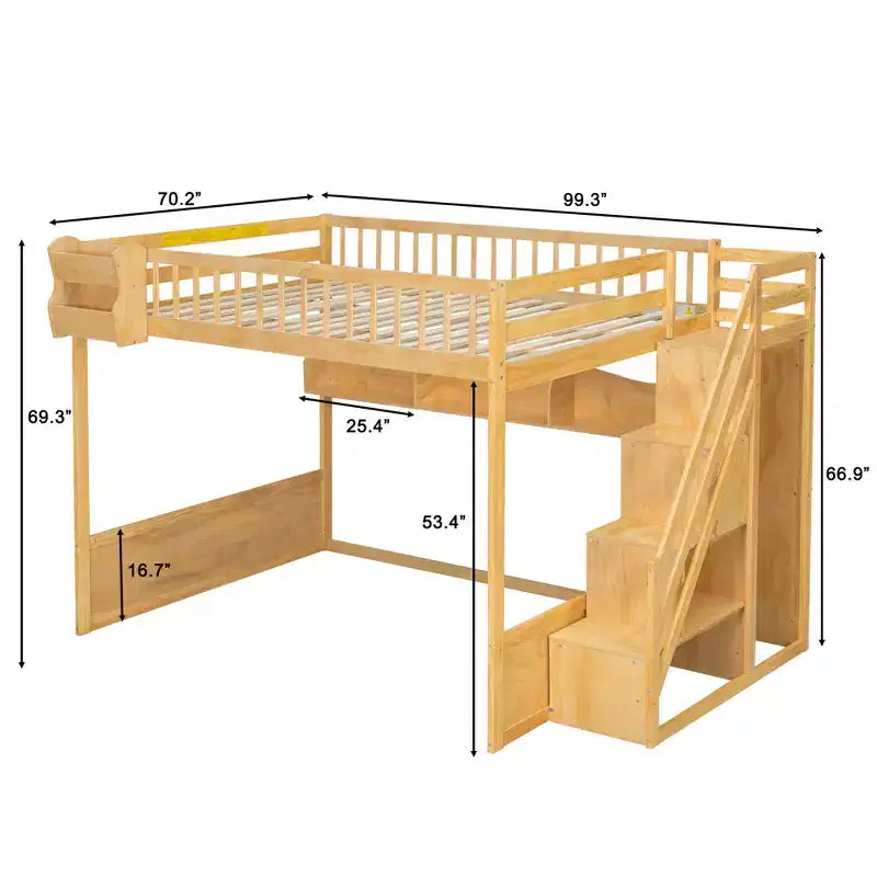 Lit mezzanine en bois Queen Size avec escalier et armoire, lit superposé haut avec espace sous le lit et étagères de rangement ouvertes pratiques pour enfants et adolescents
