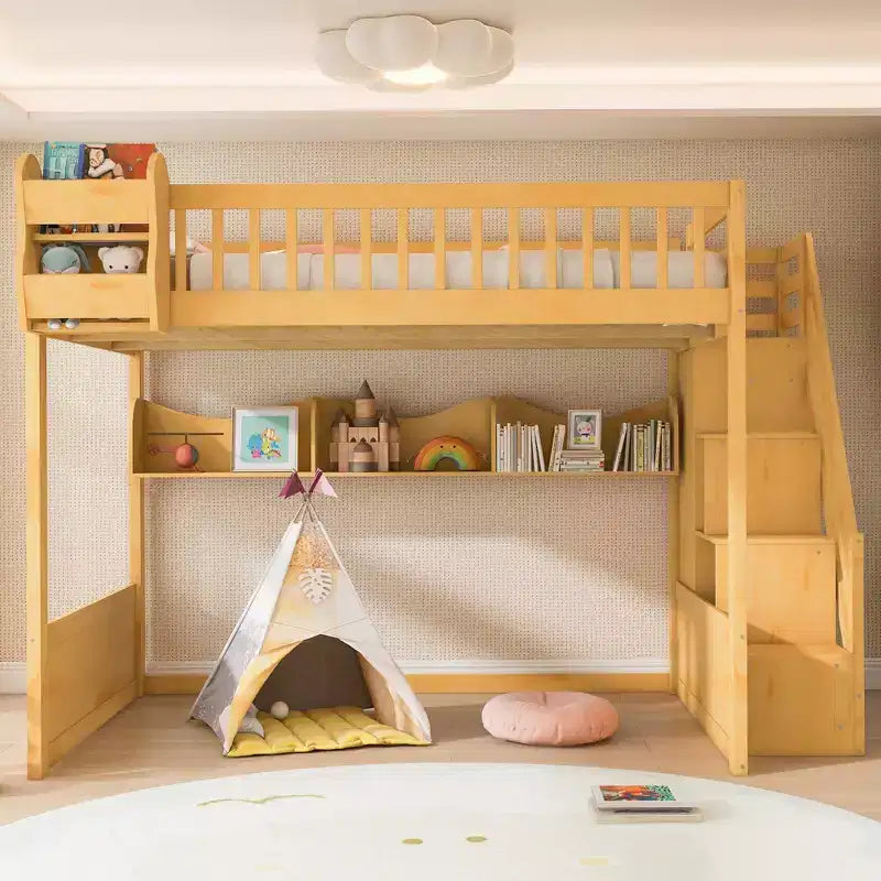 Lit mezzanine en bois Queen Size avec escalier et armoire, lit superposé haut avec espace sous le lit et étagères de rangement ouvertes pratiques pour enfants et adolescents