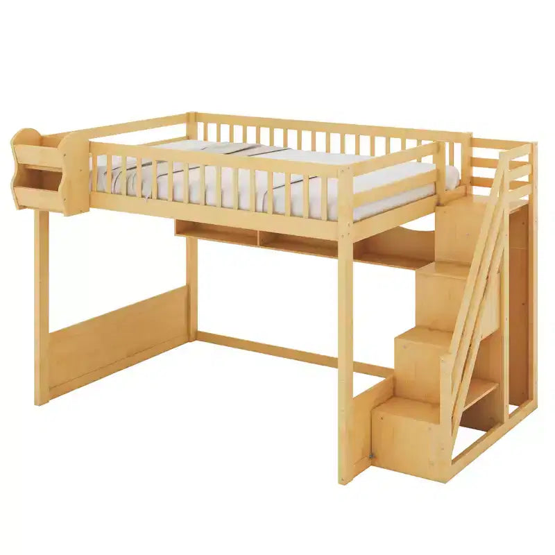 Lit mezzanine en bois Queen Size avec escalier et armoire, lit superposé haut avec espace sous le lit et étagères de rangement ouvertes pratiques pour enfants et adolescents
