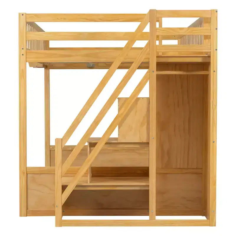 Lit mezzanine en bois Queen Size avec escalier et armoire, lit superposé haut avec espace sous le lit et étagères de rangement ouvertes pratiques pour enfants et adolescents