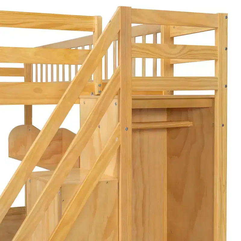 Lit mezzanine en bois Queen Size avec escalier et armoire, lit superposé haut avec espace sous le lit et étagères de rangement ouvertes pratiques pour enfants et adolescents