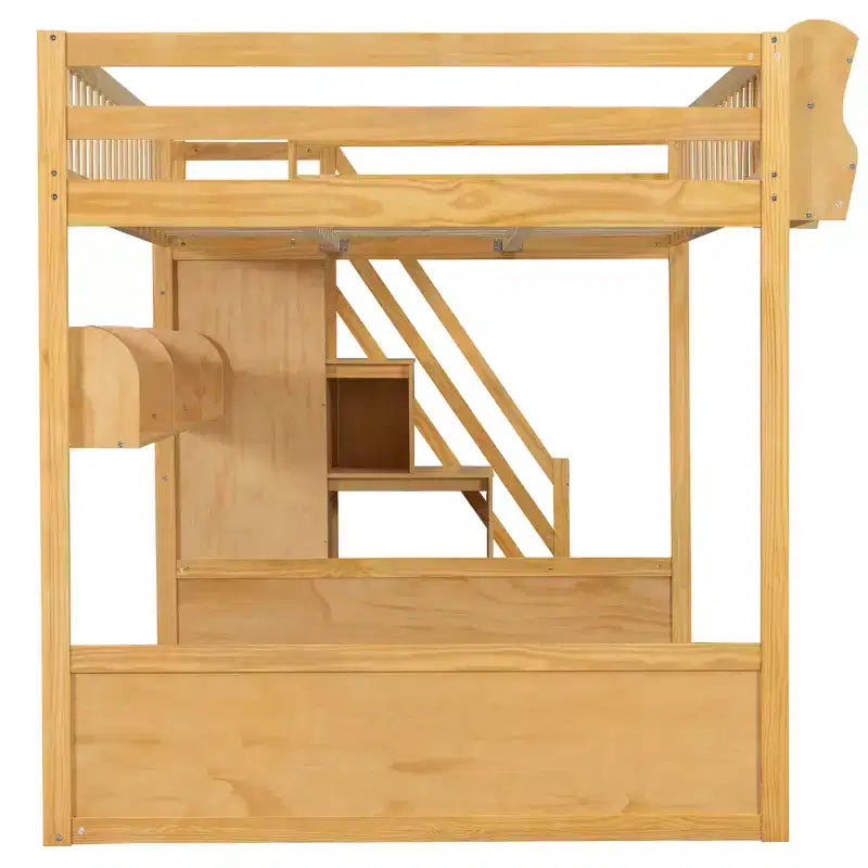 Lit mezzanine en bois Queen Size avec escalier et armoire, lit superposé haut avec espace sous le lit et étagères de rangement ouvertes pratiques pour enfants et adolescents