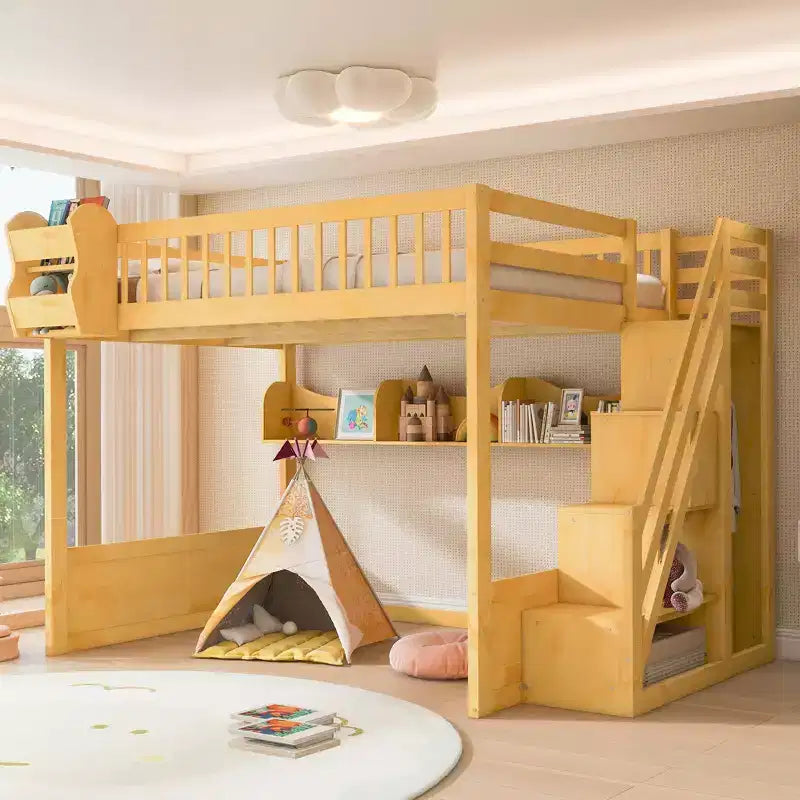 Queen Size Wooden Loft Bed with Staircase and Wardrobe, High Bunk Bed with Under-Bed Space and Convenient Storage Open Shelves for Kids Teens