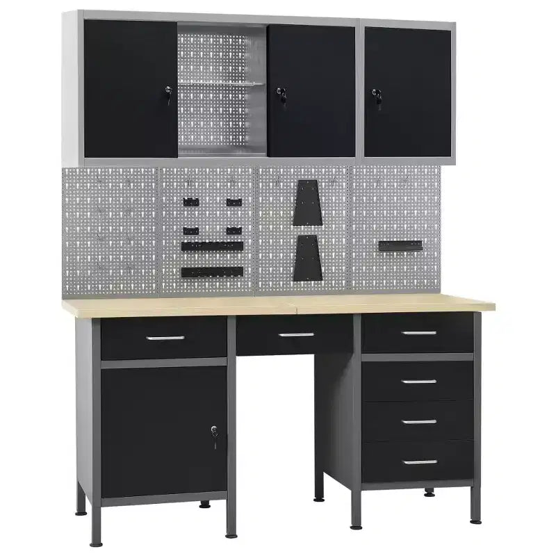 vidaXL Workbench with Four Wall Panels and Two Cabinets