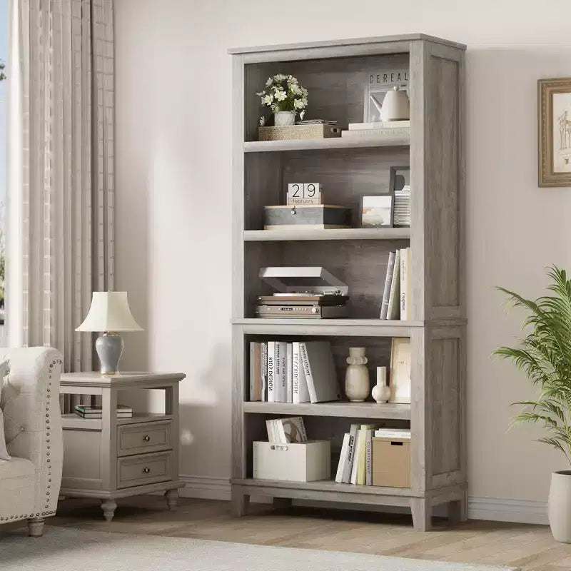 71 Tall Farmhouse 5-Tier Bookshelf w/ Adjustable Shelves, Industrial Wood & Metal Bookcase, Wide Display Storage Rack for Home Office & Living Room