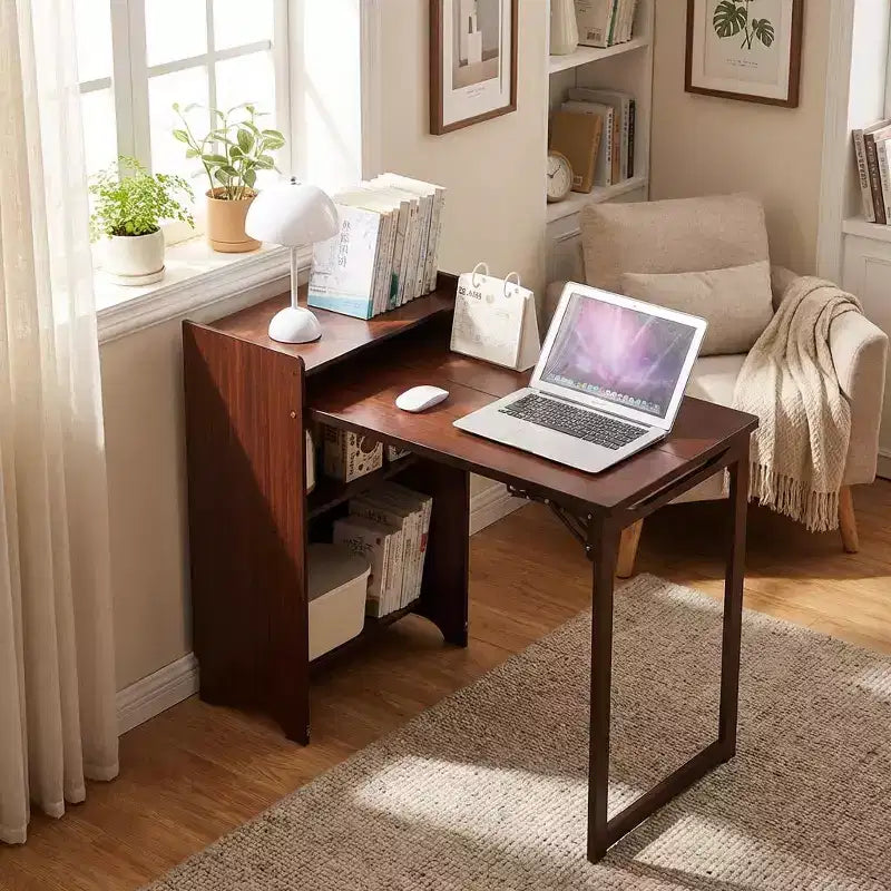 JVNOXK Bamboo Folding Desk with Hidden Storage, Mid Century Space-Saving Computer Table for Home Office Bedroom, Walnut Brown