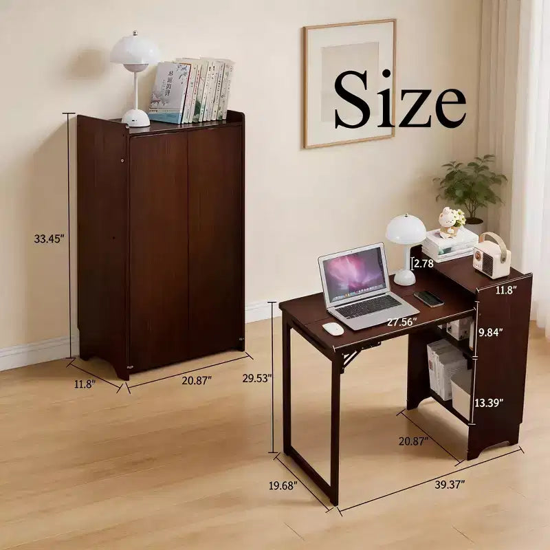 JVNOXK Bureau pliant en bambou avec rangement dissimulé, Table d'ordinateur gain de place style Mid-Century pour bureau à domicile ou chambre à coucher, Marron Noyer