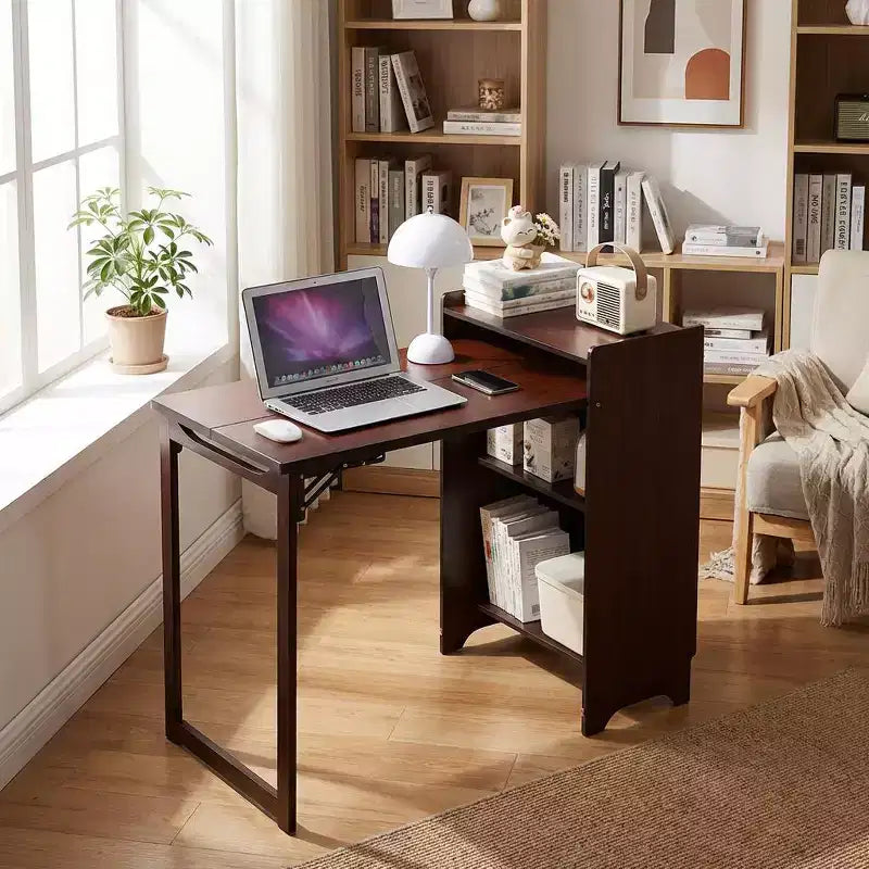 JVNOXK Bureau pliant en bambou avec rangement dissimulé, Table d'ordinateur gain de place style Mid-Century pour bureau à domicile ou chambre à coucher, Marron Noyer