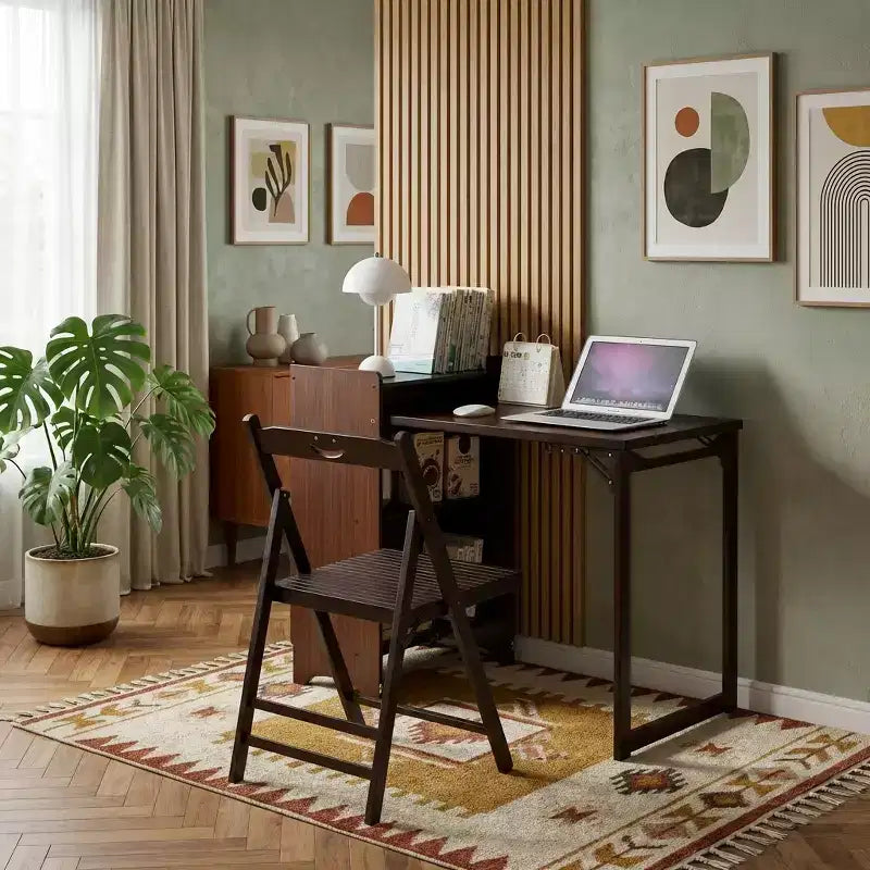 JVNOXK Bureau pliant en bambou avec rangement dissimulé, Table d'ordinateur gain de place style Mid-Century pour bureau à domicile ou chambre à coucher, Marron Noyer