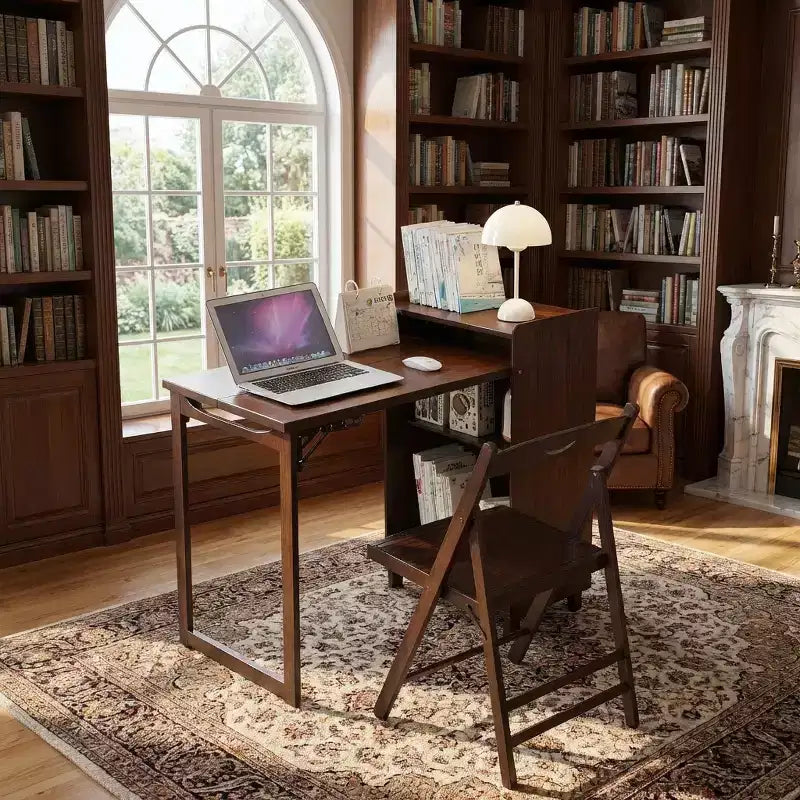 JVNOXK Bureau pliant en bambou avec rangement dissimulé, Table d'ordinateur gain de place style Mid-Century pour bureau à domicile ou chambre à coucher, Marron Noyer