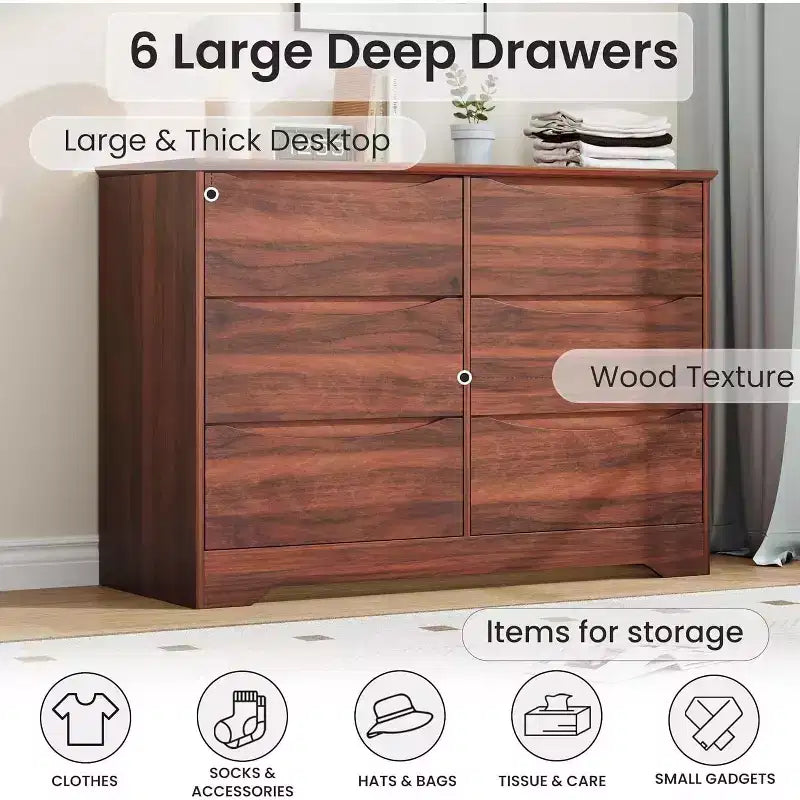 LinTimes Commode en bois moderne à 6 tiroirs - Armoire de rangement profonde avec plateau large - Commode de rangement spacieuse pour chambre à coucher, salon, couloir, chambre d'enfant