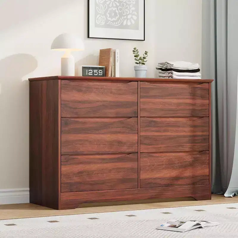 LinTimes Commode en bois moderne à 6 tiroirs - Armoire de rangement profonde avec plateau large - Commode de rangement spacieuse pour chambre à coucher, salon, couloir, chambre d'enfant