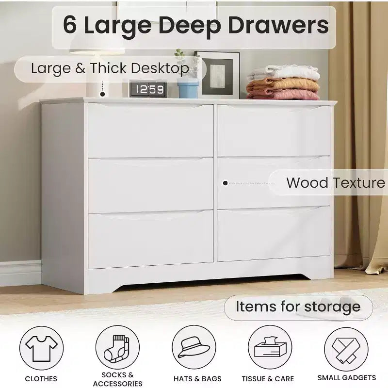 LinTimes Commode en bois moderne à 6 tiroirs - Armoire de rangement profonde avec plateau large - Commode de rangement spacieuse pour chambre à coucher, salon, couloir, chambre d'enfant