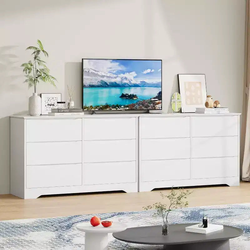 LinTimes Commode en bois moderne à 6 tiroirs - Armoire de rangement profonde avec plateau large - Commode de rangement spacieuse pour chambre à coucher, salon, couloir, chambre d'enfant