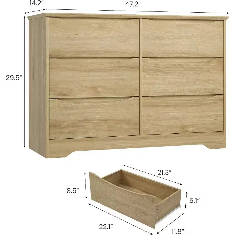 LinTimes Commode en bois moderne à 6 tiroirs - Armoire de rangement profonde avec plateau large - Commode de rangement spacieuse pour chambre à coucher, salon, couloir, chambre d'enfant