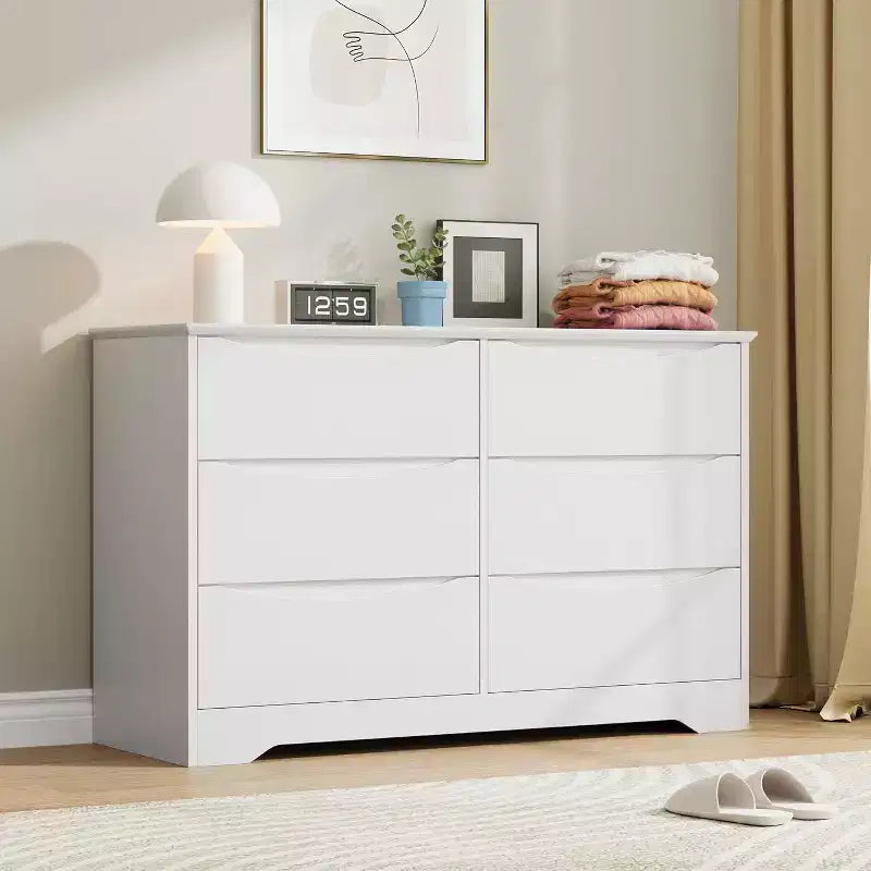 LinTimes Commode en bois moderne à 6 tiroirs - Armoire de rangement profonde avec plateau large - Commode de rangement spacieuse pour chambre à coucher, salon, couloir, chambre d'enfant