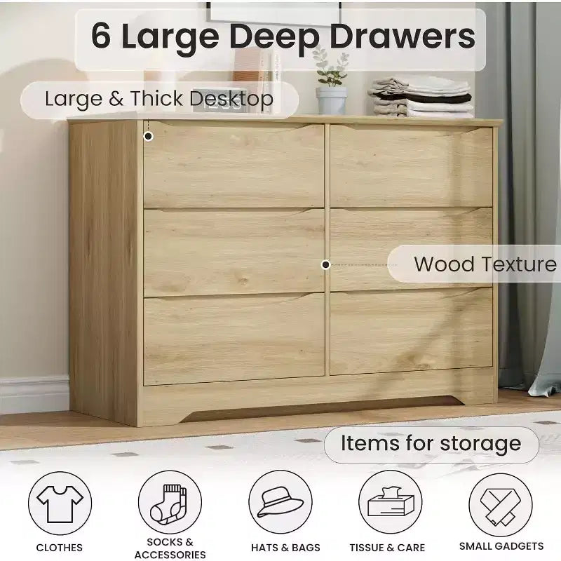 LinTimes Commode en bois moderne à 6 tiroirs - Armoire de rangement profonde avec plateau large - Commode de rangement spacieuse pour chambre à coucher, salon, couloir, chambre d'enfant