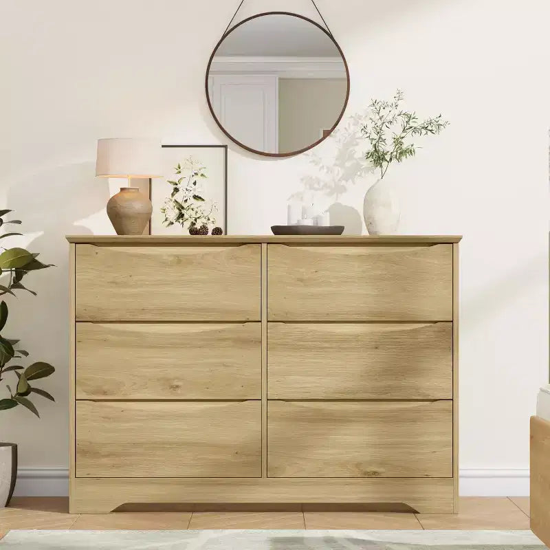 LinTimes Commode en bois moderne à 6 tiroirs - Armoire de rangement profonde avec plateau large - Commode de rangement spacieuse pour chambre à coucher, salon, couloir, chambre d'enfant