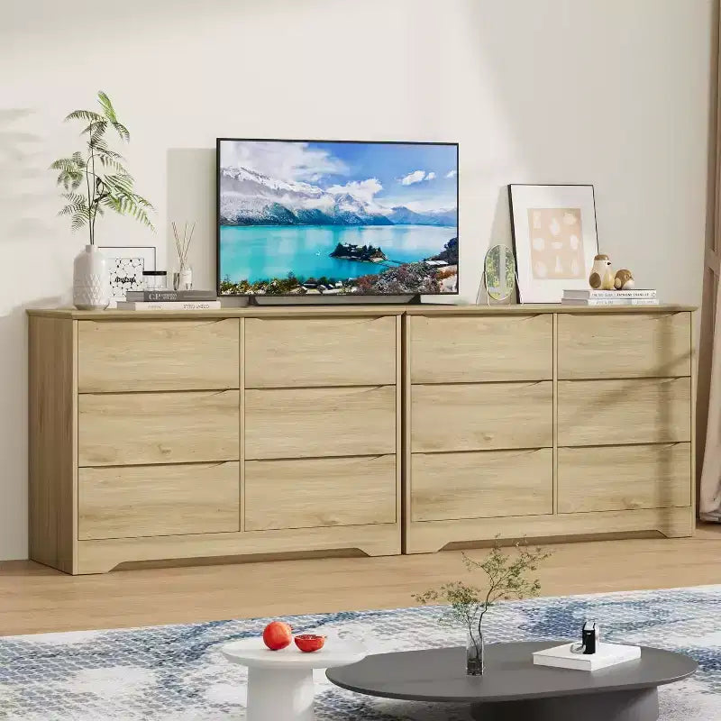 LinTimes Commode en bois moderne à 6 tiroirs - Armoire de rangement profonde avec plateau large - Commode de rangement spacieuse pour chambre à coucher, salon, couloir, chambre d'enfant