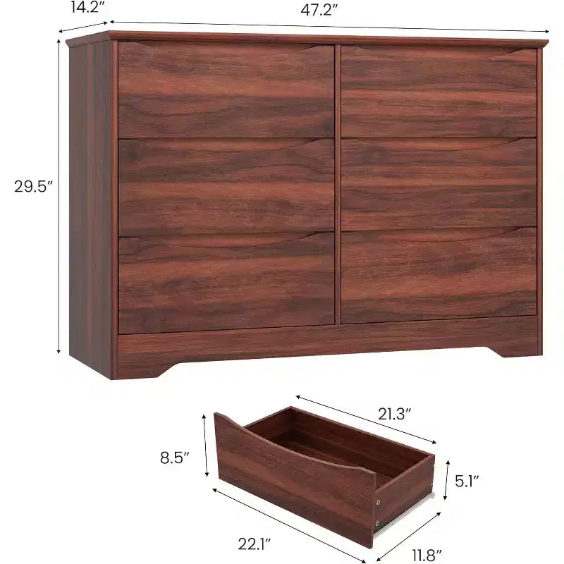 LinTimes Commode en bois moderne à 6 tiroirs - Armoire de rangement profonde avec plateau large - Commode de rangement spacieuse pour chambre à coucher, salon, couloir, chambre d'enfant