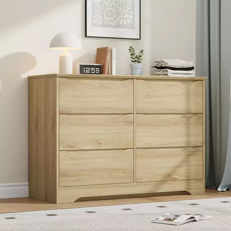 LinTimes Modern 6-Drawer Wooden Dresser - Deep Storage Cabinet with Wide Top - Spacious Organizer Chest for Bedroom, Living Room, Hallway, Kids Room