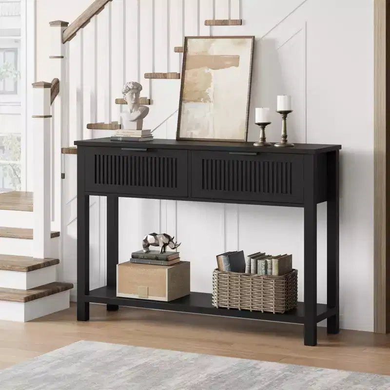 Narrow 43 Fluted Entryway Table w/ 2 Drawers, Farmhouse Wood Console Sofa Table w/ 2 Tier Bottom Storage Shelf for Foyer, Hallway & Living Room