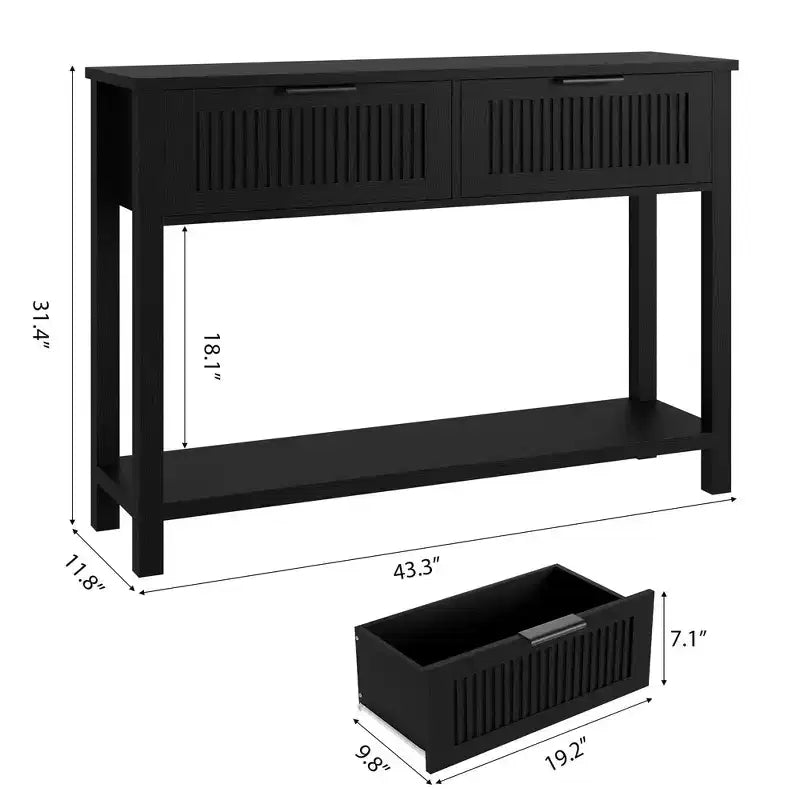 Table d'entrée cannelée étroite de 43 po avec 2 tiroirs, console de canapé en bois de style fermier avec étagère de rangement inférieure à 2 niveaux pour vestibule, couloir et salon