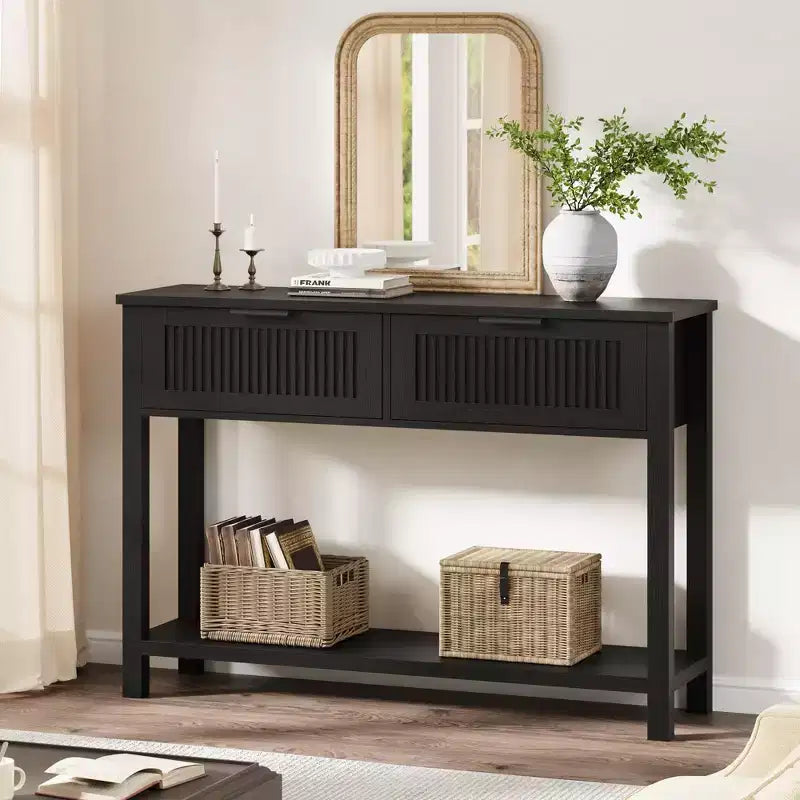Table d'entrée cannelée étroite de 43 po avec 2 tiroirs, console de canapé en bois de style fermier avec étagère de rangement inférieure à 2 niveaux pour vestibule, couloir et salon
