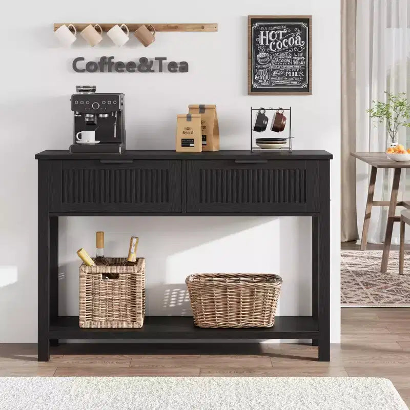 Table d'entrée cannelée étroite de 43 po avec 2 tiroirs, console de canapé en bois de style fermier avec étagère de rangement inférieure à 2 niveaux pour vestibule, couloir et salon