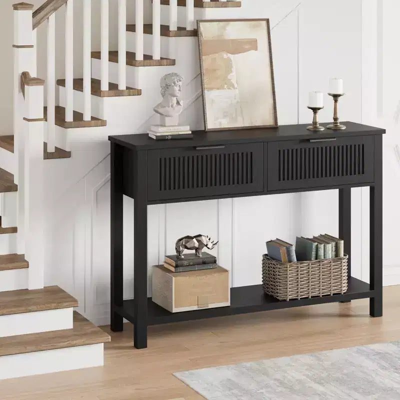 Table d'entrée cannelée étroite de 43 po avec 2 tiroirs, console de canapé en bois de style fermier avec étagère de rangement inférieure à 2 niveaux pour vestibule, couloir et salon