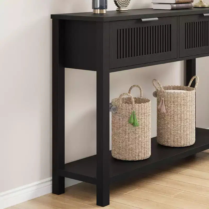 Table d'entrée cannelée étroite de 43 po avec 2 tiroirs, console de canapé en bois de style fermier avec étagère de rangement inférieure à 2 niveaux pour vestibule, couloir et salon