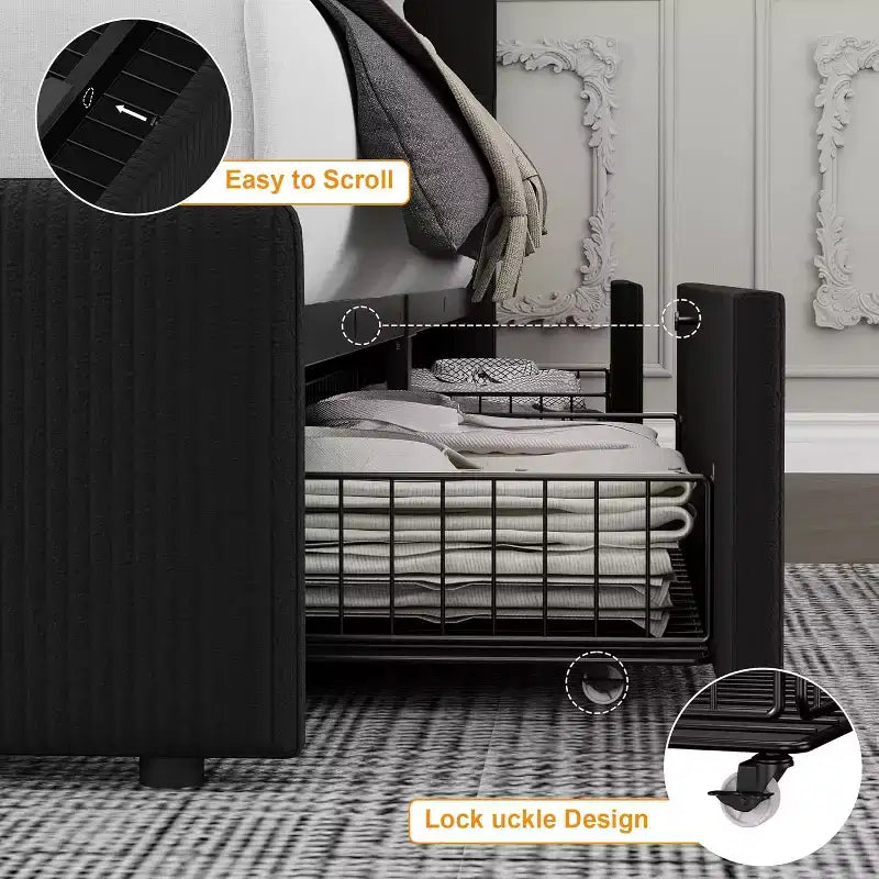 Cadre de lit avec tête de lit, lit plateforme rembourré en PU avec tiroirs de rangement, pas besoin de sommier tapissier, sans bruit, assemblage facile