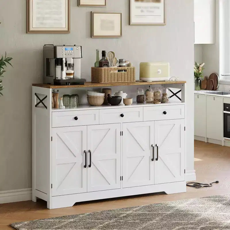 LinTimes Farmhouse Buffet Cabinet with Storage , Open Shelf & Charging Station, 51 Kitchen Hutch Pantry Cabinet Sideboard Coffee Station for Kitchen