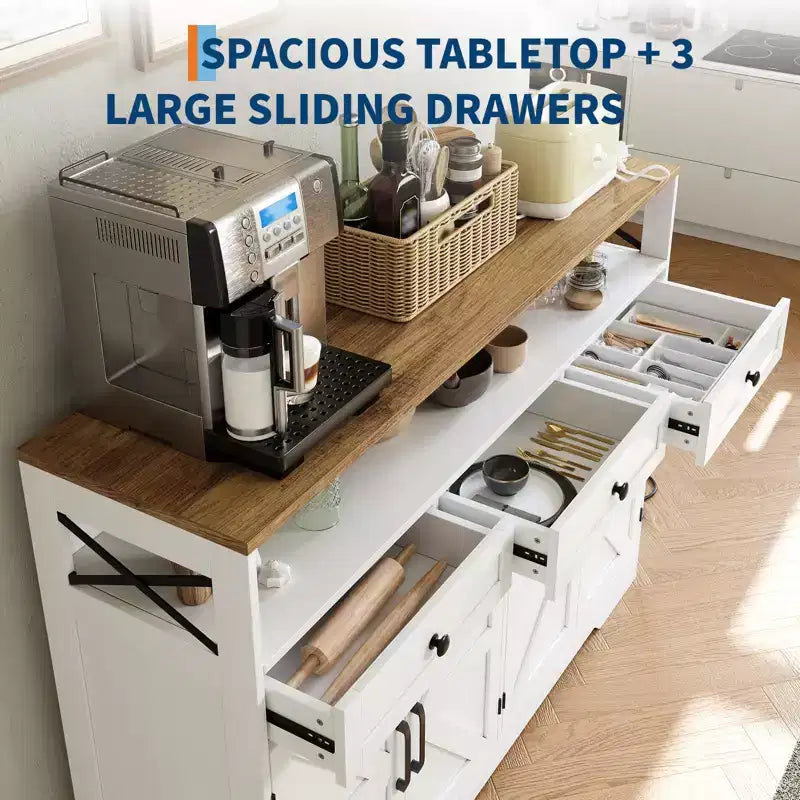 LinTimes Buffet de ferme avec rangement, étagère ouverte et station de recharge, buffet de cuisine 51 pouces pour garde-manger, desserte, station à café pour la cuisine
