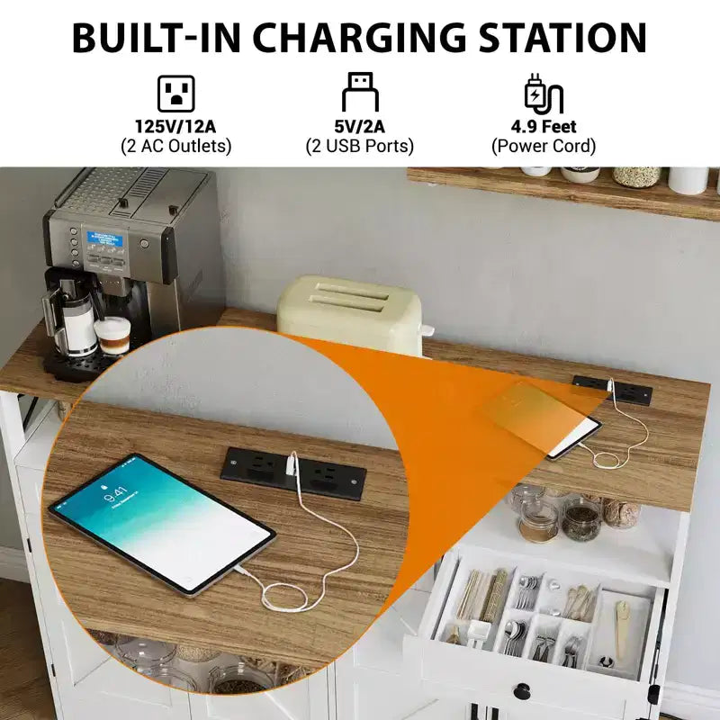 LinTimes Buffet de ferme avec rangement, étagère ouverte et station de recharge, buffet de cuisine 51 pouces pour garde-manger, desserte, station à café pour la cuisine