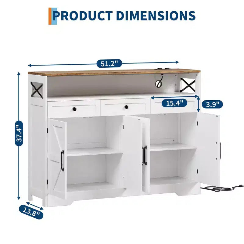 LinTimes Buffet de ferme avec rangement, étagère ouverte et station de recharge, buffet de cuisine 51 pouces pour garde-manger, desserte, station à café pour la cuisine