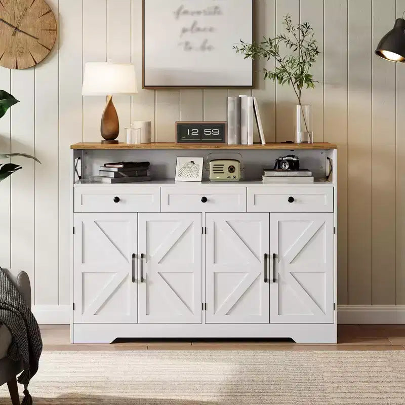 LinTimes Buffet de ferme avec rangement, étagère ouverte et station de recharge, buffet de cuisine 51 pouces pour garde-manger, desserte, station à café pour la cuisine