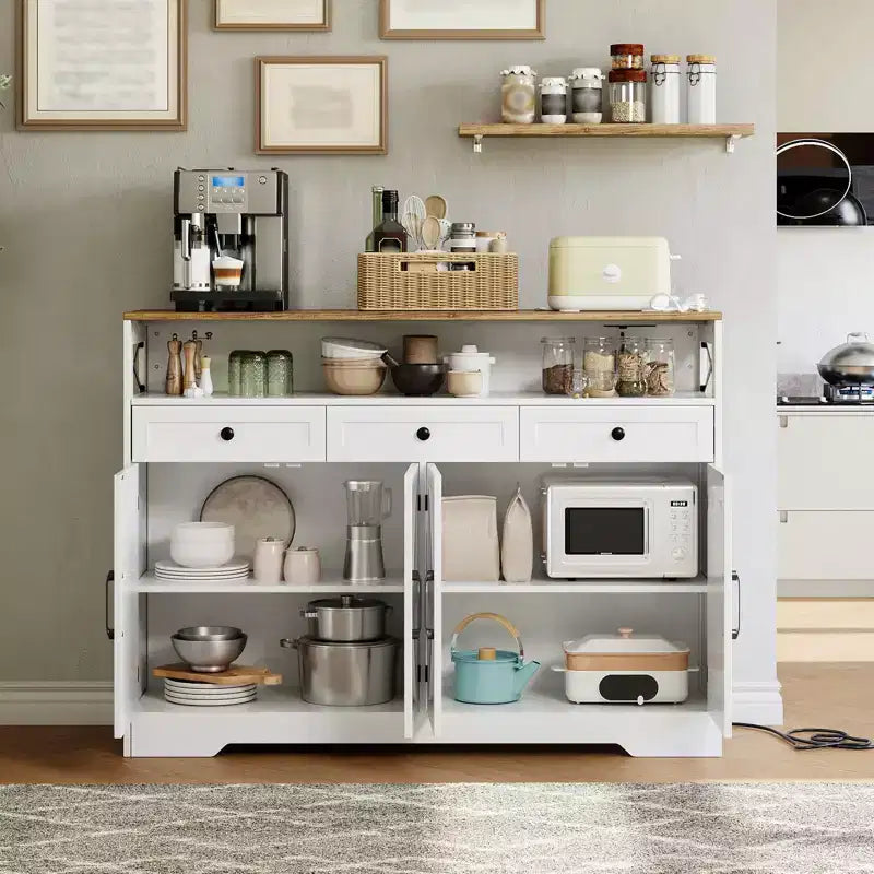 LinTimes Buffet de ferme avec rangement, étagère ouverte et station de recharge, buffet de cuisine 51 pouces pour garde-manger, desserte, station à café pour la cuisine