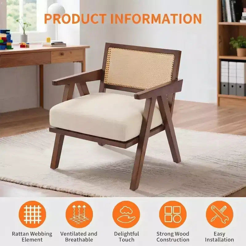 Lot de 2 chaises d'appoint modernes, chaises rembourrées en rotin avec accoudoirs et cadre en bois, pour salon, chambre à coucher, décoration intérieure.