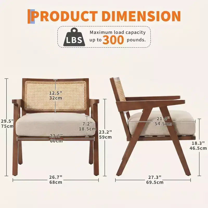 Lot de 2 chaises d'appoint modernes, chaises rembourrées en rotin avec accoudoirs et cadre en bois, pour salon, chambre à coucher, décoration intérieure.