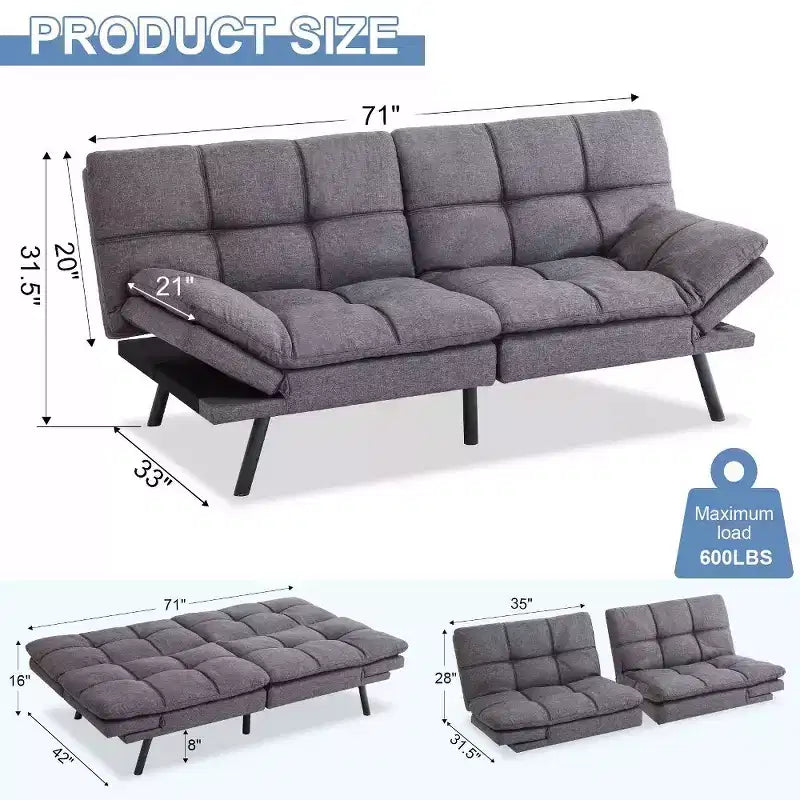 Dyonery 71 Canapé Futon Convertible, Canapé-Lit en Mousse à Mémoire de Forme, Dossier et Accoudoirs Réglables, Canapé Moderne pour Bureau à Domicile