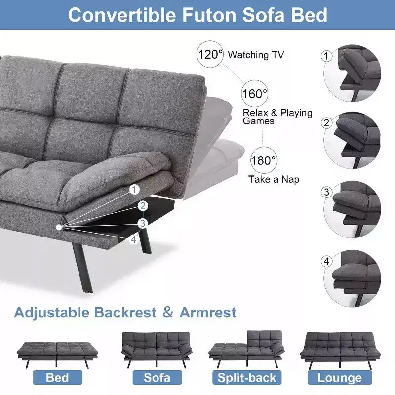 Dyonery 71 Canapé Futon Convertible, Canapé-Lit en Mousse à Mémoire de Forme, Dossier et Accoudoirs Réglables, Canapé Moderne pour Bureau à Domicile