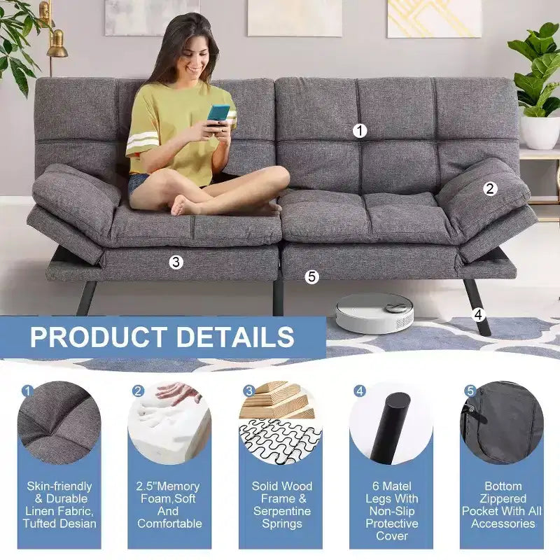 Dyonery 71 Canapé Futon Convertible, Canapé-Lit en Mousse à Mémoire de Forme, Dossier et Accoudoirs Réglables, Canapé Moderne pour Bureau à Domicile