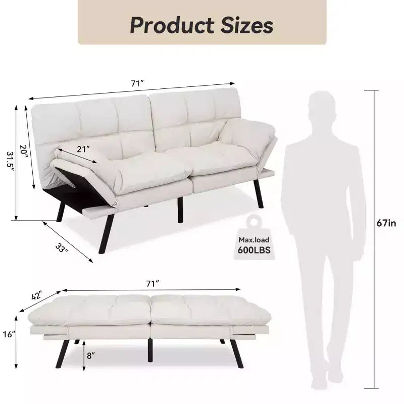 Dyonery 71 Canapé Futon Convertible, Canapé-Lit en Mousse à Mémoire de Forme, Dossier et Accoudoirs Réglables, Canapé Moderne pour Bureau à Domicile