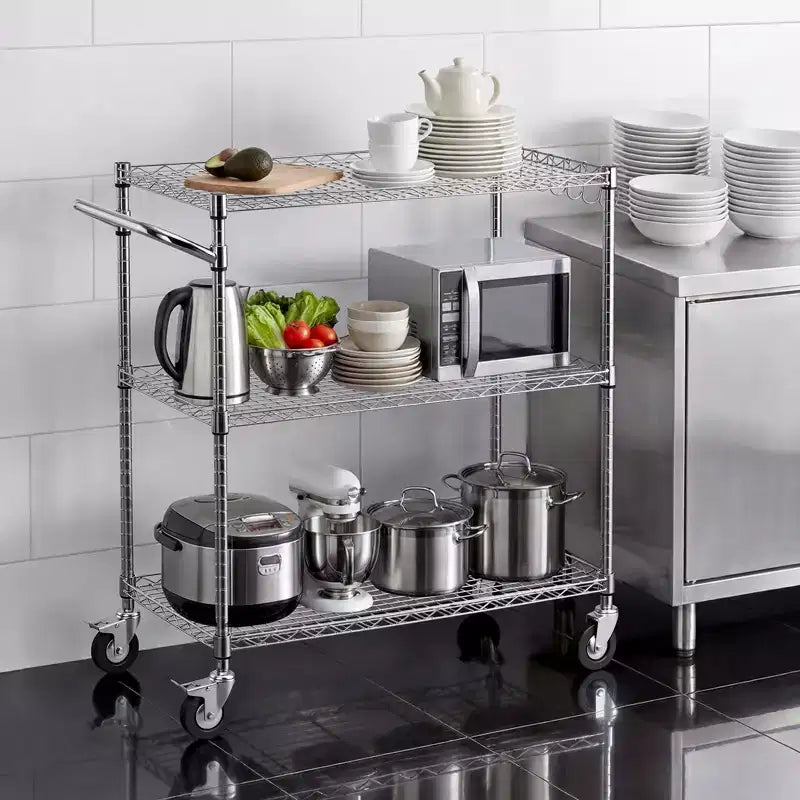 Chariot de Cuisine VEVOR, Étagère de Rangement Réglable à 3 Niveaux, Robuste, en Fil Métallique, Chariot de Service Commercial Roulant en Acier sur Roues, Argent