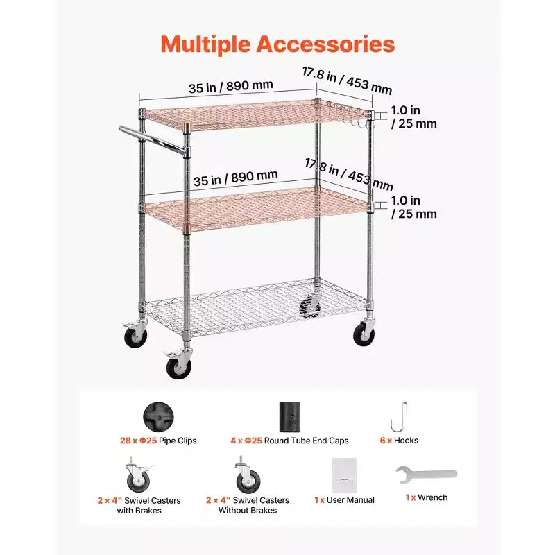 Chariot de Cuisine VEVOR, Étagère de Rangement Réglable à 3 Niveaux, Robuste, en Fil Métallique, Chariot de Service Commercial Roulant en Acier sur Roues, Argent