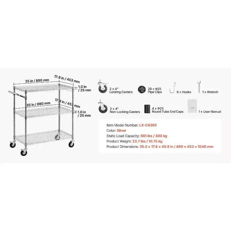 Chariot de Cuisine VEVOR, Étagère de Rangement Réglable à 3 Niveaux, Robuste, en Fil Métallique, Chariot de Service Commercial Roulant en Acier sur Roues, Argent