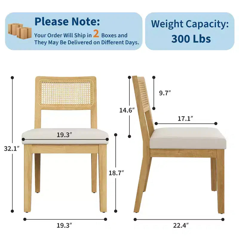 Lot de 2 chaises de salle à manger style campagne française, chaises sans accoudoirs avec cadre en bois et dossier en rotin, assise rembourrée confortable pour cuisine, restaurant ou maison