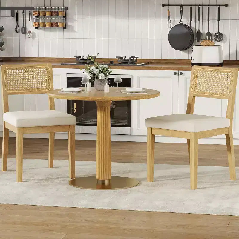 Lot de 2 chaises de salle à manger style campagne française, chaises sans accoudoirs avec cadre en bois et dossier en rotin, assise rembourrée confortable pour cuisine, restaurant ou maison