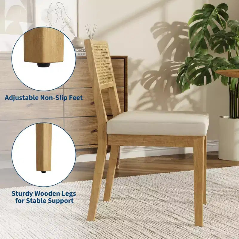 Lot de 2 chaises de salle à manger style campagne française, chaises sans accoudoirs avec cadre en bois et dossier en rotin, assise rembourrée confortable pour cuisine, restaurant ou maison